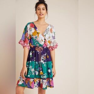 Anthropologie Nettie Tiered Floral Wrap Ruffle Boho Dress Patchwork Small